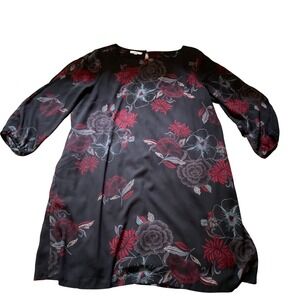 Maurices Black Red Floral Long Sleeve Shift Dress Womens Large Keyhole Back